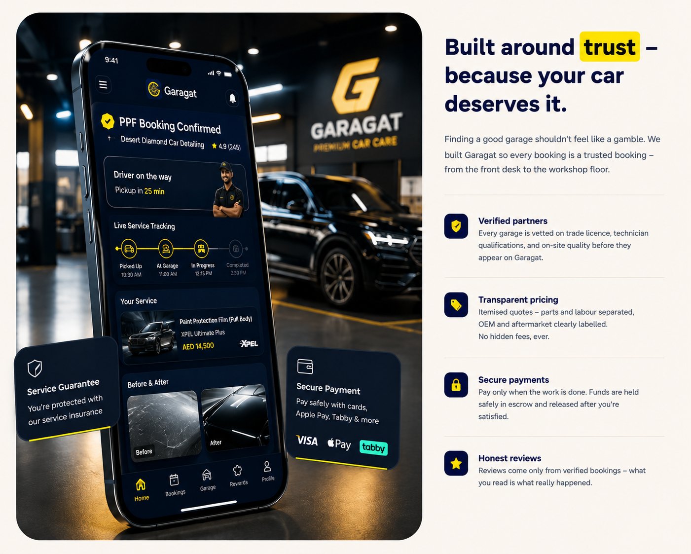 Built around trust — because your car deserves it. Garagat.ai is built on four promises: verified partners (every garage is vetted on trade licence, technician qualifications, and on-site quality), transparent pricing (clear, upfront pricing with no surprise charges), secure payments (every payment is securely processed for a reliable, hassle-free experience), and honest reviews (reviews come only from verified bookings).
